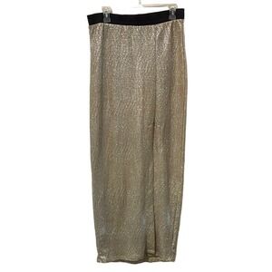 Max Shop Gold Metallic Textured Maxi Skirt Black Elastic Waist Side Slit 10